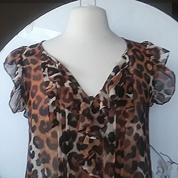 Express Blouse Top Y2K Frilly Flutter Leopard Cheetah Feminine Chiffon S… - Picture 2 of 13